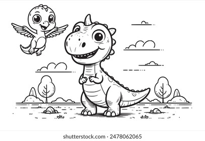 Engagierende Malbuch-Illustration für Kinder mit einem verspielten Microraptor und kämpferischem Carnotaurus in einem prähistorischen Dschungel. Perfekt für Dinosaurier-liebende Kinder