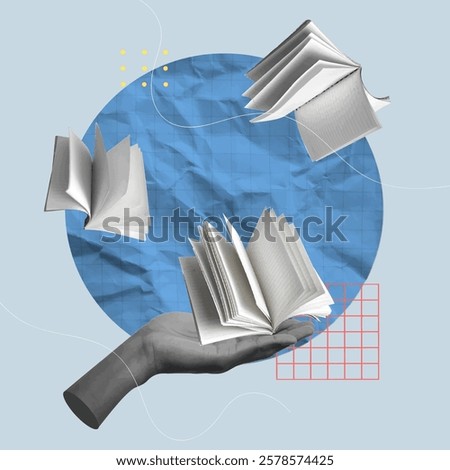 An engaging collage featuring a hand holding an open book with floating pages, symbolizing knowledge and creativity, perfect for educational and artistic projects.