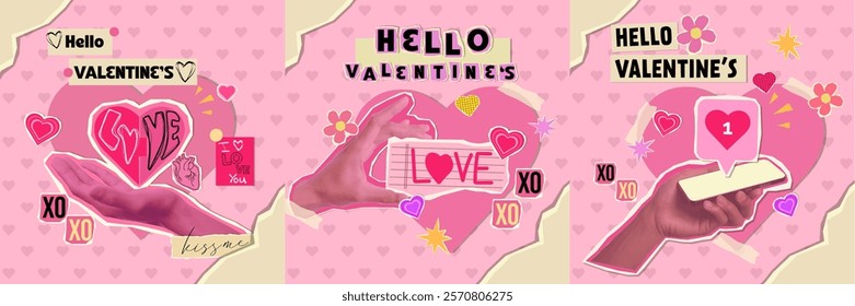 An engaging collage featuring three panels with hands, love hearts, and romantic messages, perfect for celebrating Valentine's Day with creativity and affection.