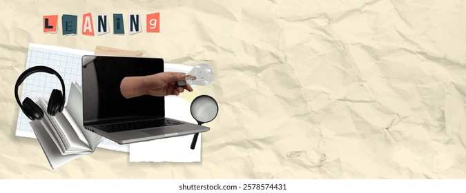 An engaging collage showcasing a laptop, light bulb, and headphones, emphasizing the concept of learning and creativity in a modern educational setting.