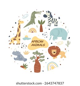 Engaging collection highlights a variety of African animals, including a giraffe, zebra, elephant, lion, and more, all arranged in a vibrant circular format filled with nature elements.