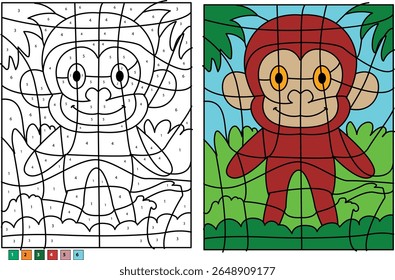 Engaging color by number activity with a happy monkey character, ideal for learning colors and numbers, for children's education and fun.
