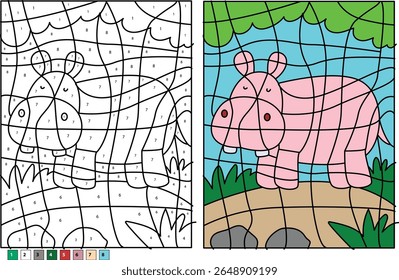 Atividade envolvente de cor por número para crianças Apresentando um bonito Hippopotamus rosa em seu hábitat natural, perfeito para diversão educacional, números de aprendizado e desenvolvimento de habilidades motoras finas.