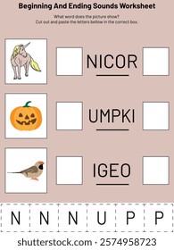 An engaging and colorful kindergarten worksheet designed to help children practice identifying beginning and ending sounds in words. The worksheet features pictures of a unicorn, a pumpkin, and a bird