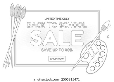 Engaging coloring page featuring a back-to-school sale theme with art supplies. Perfect for kids creative activities.