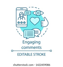 Engaging comments blue concept icon. Online PR idea thin line illustration. Content marketing. Subscribers review. Blog commenting, clients feedback. Vector isolated outline drawing. Editable stroke