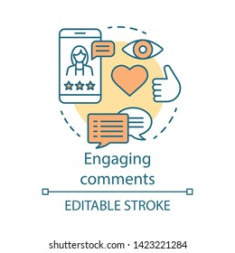 Engaging comments concept icon. Online PR idea thin line illustration. Content marketing. Subscribers review. Blog commenting, clients feedback. Vector isolated outline drawing. Editable stroke