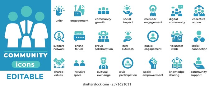 Engaging community vector icons for social groups, teamwork, volunteering, and connections. Perfect for web and print