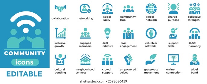 Engaging community vector icons for social groups, teamwork, volunteering, and connections. Perfect for web and print