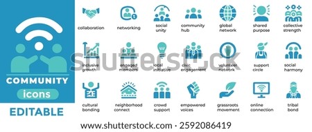 Engaging community vector icons for social groups, teamwork, volunteering, and connections. Perfect for web and print
