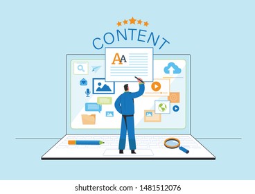 Engaging Content, Blogging, Blogger. Freelance. Marketing content. Creative writing. Copy writer. Content management. Flat cartoon miniature  illustration vector graphic on white background.