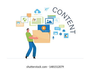 Engaging Content, Blogging, Blogger. Freelance. Marketing content. Creative writing. Copy writer. Content management. Flat cartoon miniature  illustration vector graphic on white background.