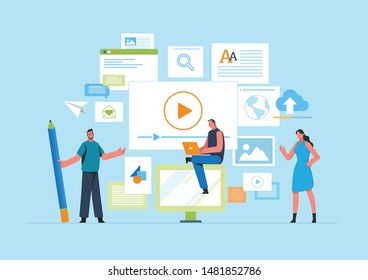 Engaging Content, Blogging, Blogger. Freelance. Marketing content. Creative writing. Copy writer. Content management. Flat cartoon miniature  illustration vector graphic on white background.