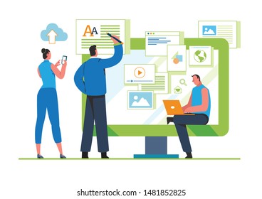 Engaging Content, Blogging, Blogger. Freelance. Marketing content. Creative writing. Copy writer. Content management. Flat cartoon miniature  illustration vector graphic on white background.