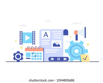 Engaging content, blogging, media planning, promotion in social network concept. Flat vector illustration.