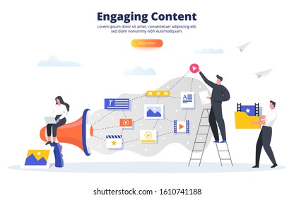 Engaging content business concept. Blogging, SMM, media planning, promotion in social network concept. Creating, marketing and sharing of digital - flat vector illustration.