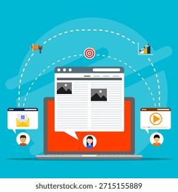 Concepto de contenido atractivo. Promoción de marketing por correo electrónico y uso compartido de redes sociales para aumentar el contenido del panel de control de los cibernautas.