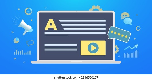 Engaging Content, copywriting concept. SEO business marketing content creation services. Freelance copywriters with a rating write texts with a ratio of keywords to the length of the text