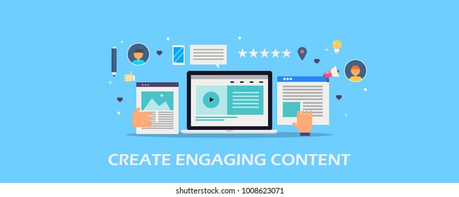 Engaging content development, User engagement, Content marketing flat design vector illustration with icons