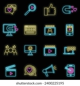 Engaging content digital icons set. Outline set of engaging content digital vector icons neon color on black