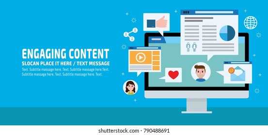 Engaging Content content marketing
marketing mix social media sharing
business infographic elements icon concept
flat vector advert banner design presentation website template background illustration