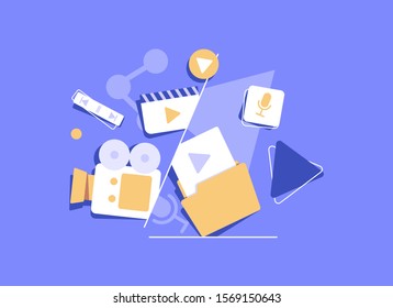 Engaging Content, content marketing success, marketing mix, social media sharing flat vector concept