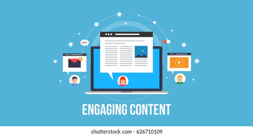 Engaging Content, content marketing success, marketing mix, social media sharing flat vector concept with icons isolated on blue background