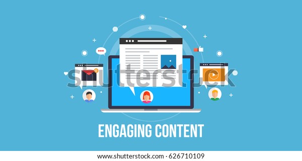 Engaging Content, content marketing success,\
marketing mix, social media sharing flat vector concept with icons\
isolated on blue\
background