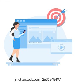 Engaging Content, meaningful content, flat vector concept of social media sharing with icons.