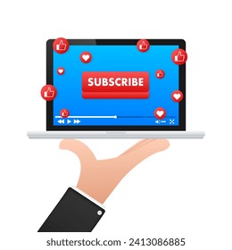 Engaging content vector illustration with Subscribe button on a laptop screen, surrounded by like and heart icons