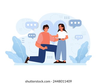Engaging conversation between friends. Surrounded by digital chat bubbles, emphasizing connectivity in a serene outdoor setting. Fluid interaction and modern ambiance. Flat vector illustration