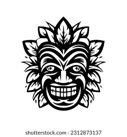 Engaging and culturally rich hand drawn illustration of a wooden Tiki mask, evoking a sense of adventure and the allure of tropical islands