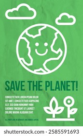 Engaging design focused on saving planet, depicting smiling Earth surrounded by greenery, conveying vital message of environmental care and happiness. Vector illustration.