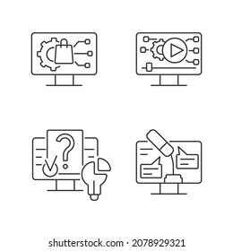 Engaging with digital technology linear icons set. Product development. Video for social media. Customizable thin line contour symbols. Isolated vector outline illustrations. Editable stroke