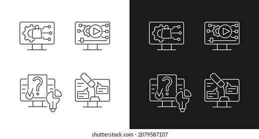 Engaging with digital technology linear icons set for dark and light mode. Product development. Social media. Customizable thin line symbols. Isolated vector outline illustrations. Editable stroke