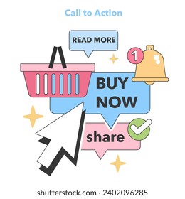 Engaging e-commerce visuals with 'Buy Now', 'Read More', and 'Share' prompts guide the user, highlighting the importance of clear calls to action. Flat vector illustration