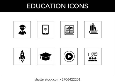 Engaging education icon set for innovative learning platforms and academic resources featuring graduation, books and more