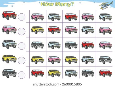 Engaging and educational counting activity sheet for children. This printable worksheet features colorful car illustrations and asks kids to count the number of cars in each row