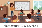 Engaging Elementary School Classroom Scene Where a Friendly Teacher Instructs Young Students Raising Their Hands Eagerly During a Lesson on Mathematics and Geometry