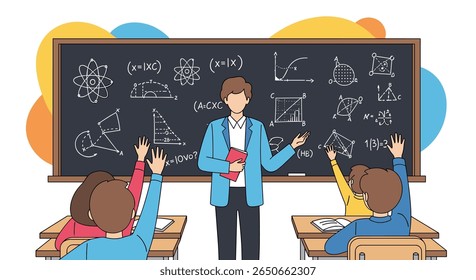 Engaging elementary school classroom scene with teacher and students raising hands during a lesson on a white background
