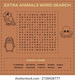 Engagieren extra Tiere Wort Suche puzzle mit verschiedenen marine und Vogel-Arten für Kinder