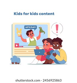 Engaging family blog concept. Children explore educational content online made by other kids. Siblings share moment of discovery and fun. Safe digital learning environment. Vector illustration