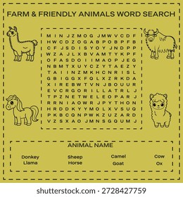 Farmfreundliche Tiere einbinden Wortsuchpuzzle für den Lernspaß der Kinder