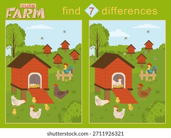 La atracción de la granja con animales desafía a los espectadores a encontrar 7 diferencias en una Ilustración vectorial vibrante. Perfecto para actividades infantiles, promoviendo la observación y el aprendizaje divertido.