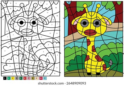 Engaging giraffe color by number illustration, ideal for children's learning and creative play. Fun and educational for kids.