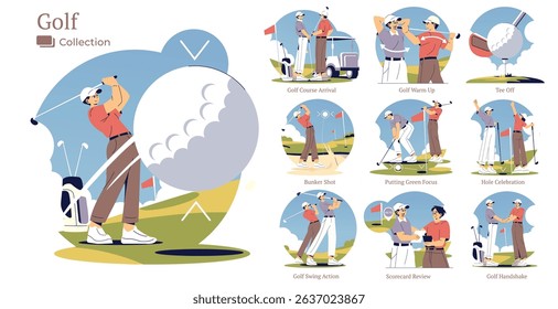 Engaging golf illustration featuring players in various golf actions, highlighting moments like teeing off, bunker shots, and celebratory gestures. Ideal for sports-themed designs.