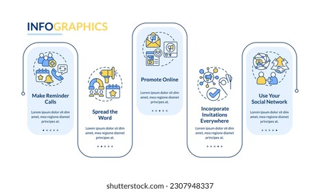 Engaging guests on business meeting rectangle infographic template. Data visualization with 5 steps. Editable timeline info chart. Workflow layout with line icons. Lato-Bold, Regular fonts used