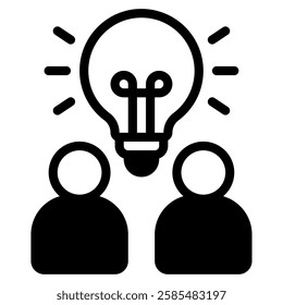 An engaging icon depicting two people sharing ideas symbolized by a light bulb, perfect for teamwork-related projects.