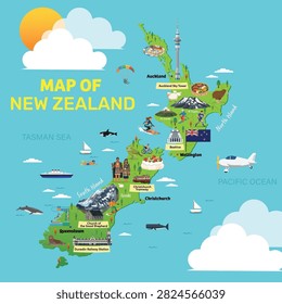 An engaging illustrated vector map of New Zealand, featuring iconic landmarks like the Auckland Sky Tower, Wellington's Beehive, and Queenstown. This creative travel guide showcases popular activities including bungee jumping and skiing, diverse wildlife like kiwi birds and whales, cultural Māori figures, and local treats like Pavlova, all set against the backdrop of the North and South Islands and the surrounding oceans.