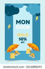 An engaging illustration for a monsoon sale featuring rain elements, umbrellas, and 50% off suggestions for promotional content.